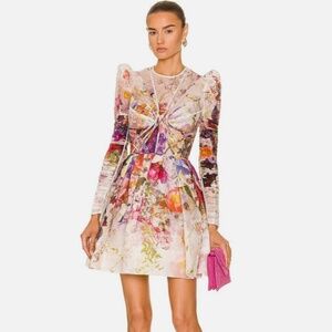 Zimmermann Floral Prima PaneMulticolor Mini Dress with Sheer Sleeves Size 3 US 8